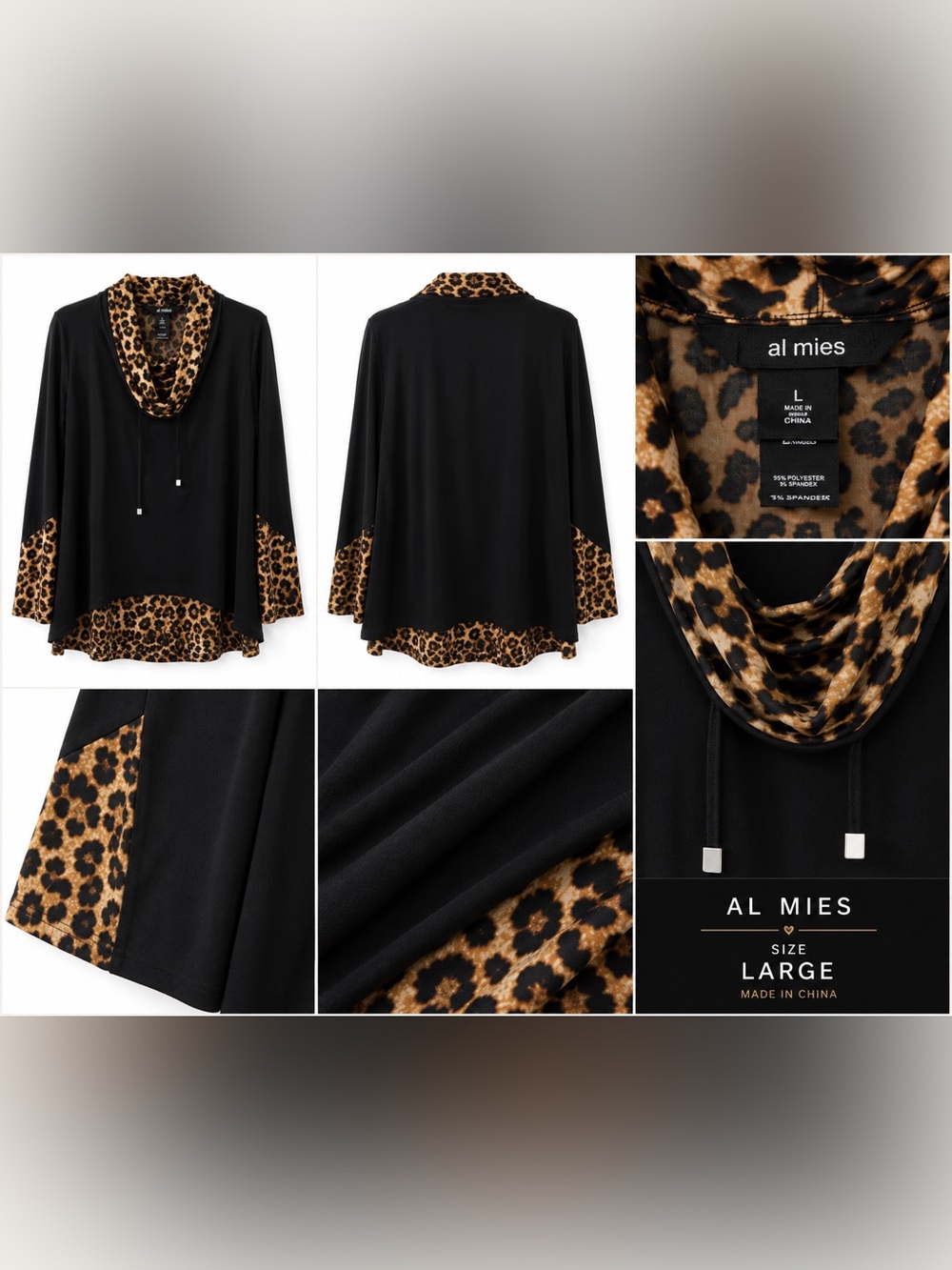 Al Miles Black Leopard Print Cowl Neck Tunic Top | Size Large - Picture 2 of 2